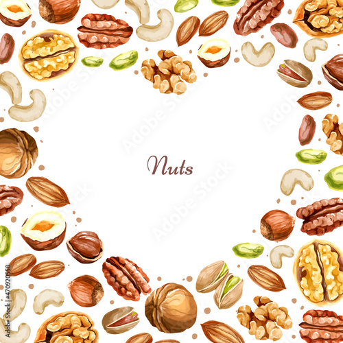 Watercolor nut collection. different types of nuts around the heart shape