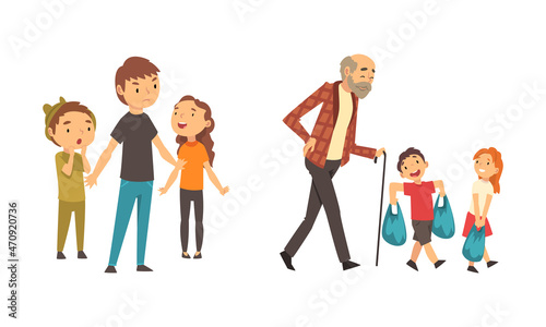 Brave Boy Protecting Weak and Helping Senior Man Carrying Shopping Bags Vector Set