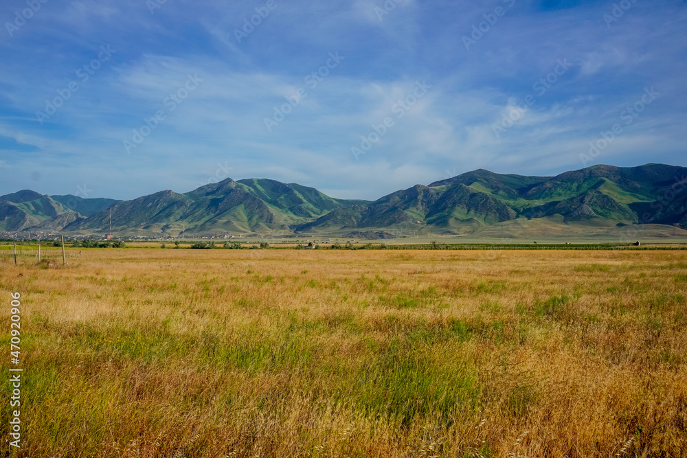 Beautiful landscape of mountains and field in Dagestan