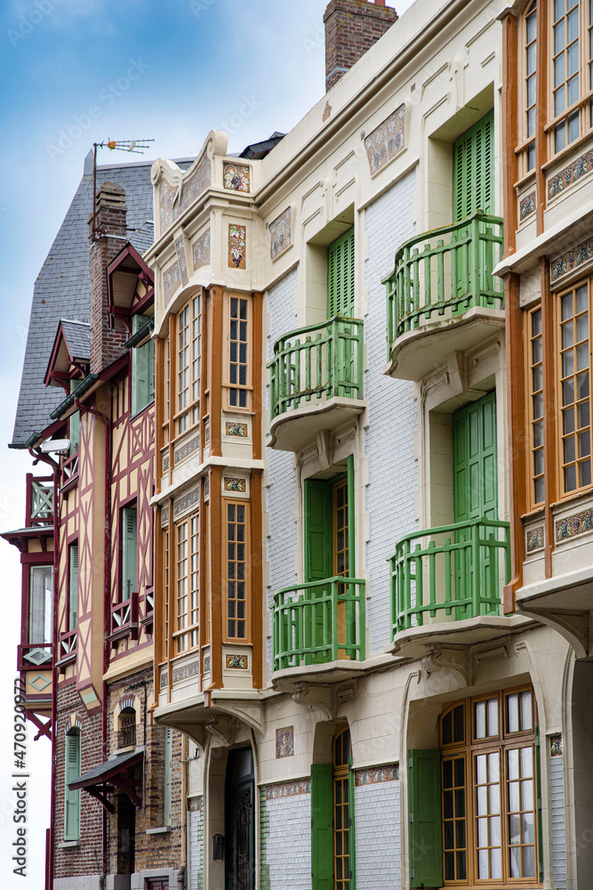 Old, colourful and typical seaside houses in the town of Mer-les-Bains in France
