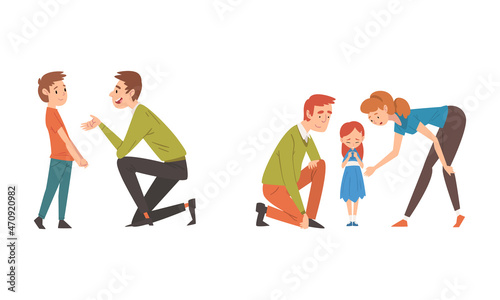 Parents and Their Kids Having Good Time Together Talking and Supporting Vector Set