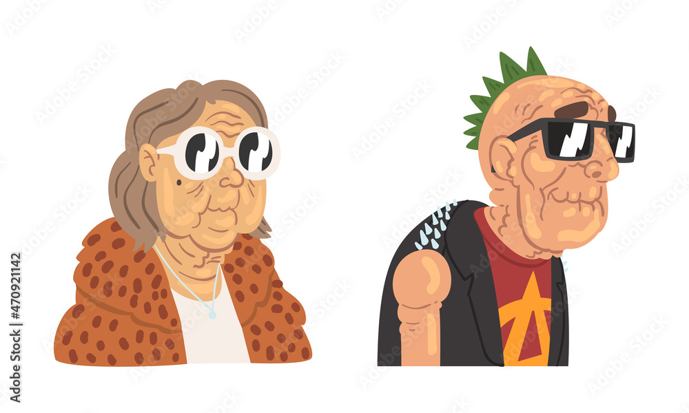 Fototapeta premium Stylish Senior Man and Woman Hipster Wearing Glasses Vector Set