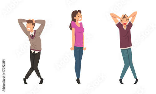 Young Man and Woman Character Afraid of Something Feeling Scared and Terrified Shaking with Fear Vector Set