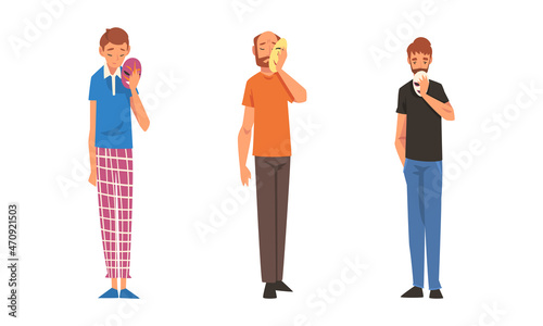 Young Man Holding Emotion Mask Hiding Personality or Individuality Vector Set