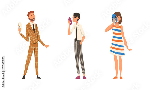 Young Man and Woman Holding Emotion Mask Hiding Personality or Individuality Vector Set