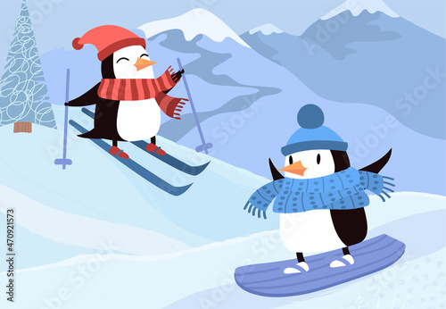 Penguins by ski. Characters resting, extreme sports. Pictures for children, wallpaper for phone. Nature, arctic, fauna, wildlife, animals having fun in snow. Cartoon flat vector illustration