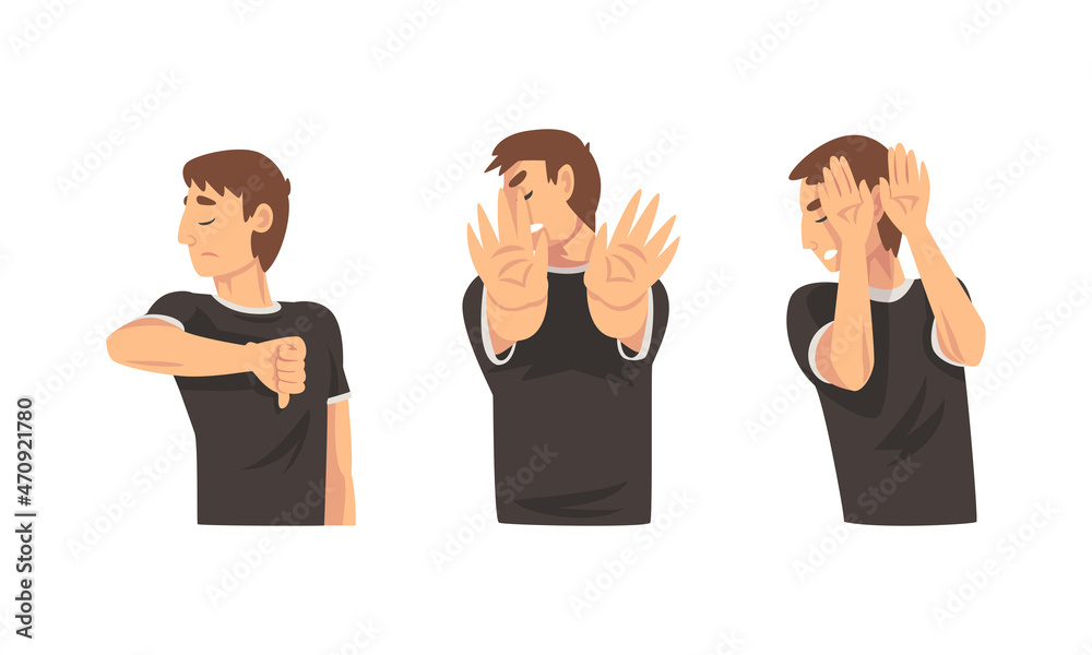 Young Man Showing Thumb Down and Stop Gesture with His Palm Hand Vector Set Young Man Showing Thumb Down and Stop Gesture with His Palm Hand Vector Set