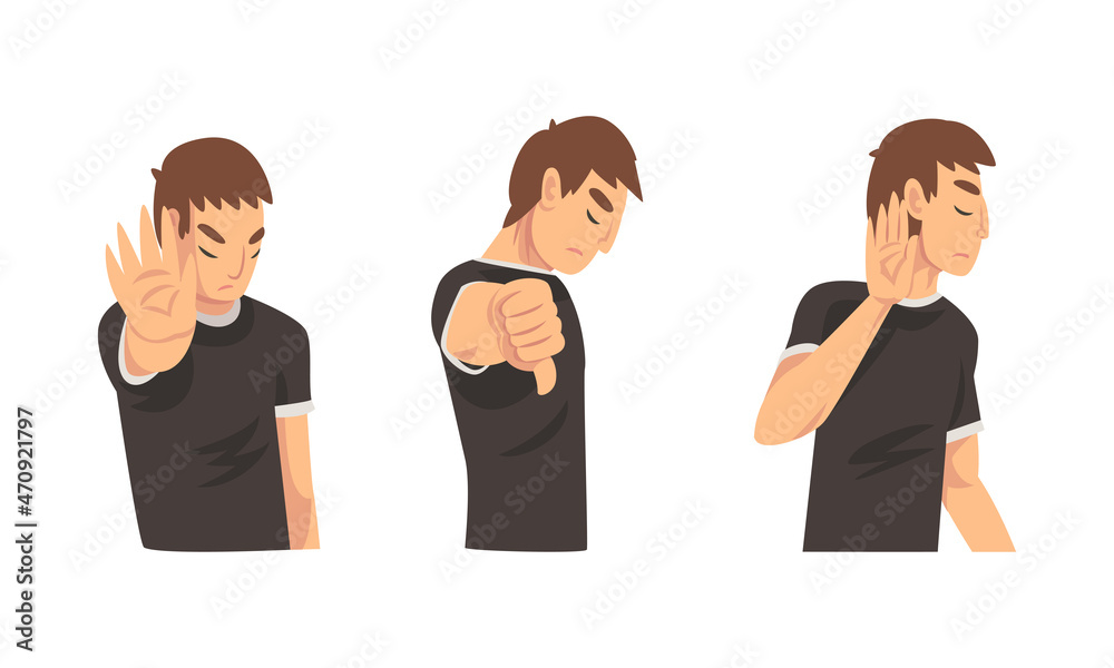 Young Man Showing Thumb Down and Stop Gesture with His Palm Hand Vector Set Young Man Showing Thumb Down and Stop Gesture with His Palm Hand Vector Set