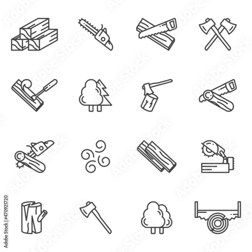 A set of icons related to processing, felling and logging. Simple linear images of the process of harvesting wood, cutting trees, blanks and more. Isolated vector on white background.