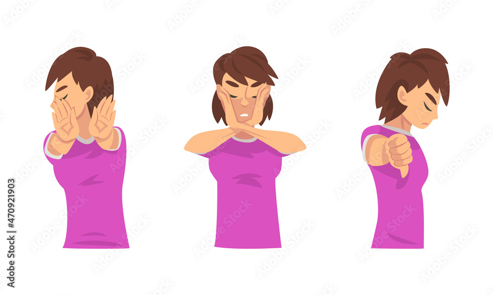 Young Woman Showing Thumb Down and Stop Gesture with Her Palm Hand Vector Set Young Woman Showing Thumb Down and Stop Gesture with Her Palm Hand Vector Set