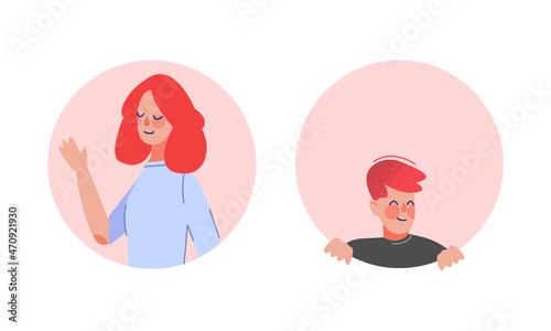 Young Man and Woman Looking Out of Round Frame Vector Set