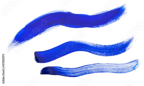 three blue paintbrush strokes isolated on white