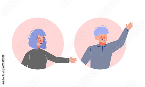 Young Man and Woman Looking Out of Round Frame Vector Set