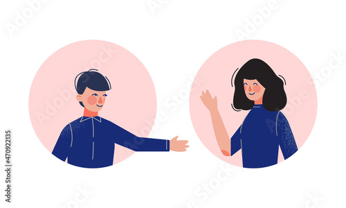 Young Man and Woman Looking Out of Round Frame Vector Set