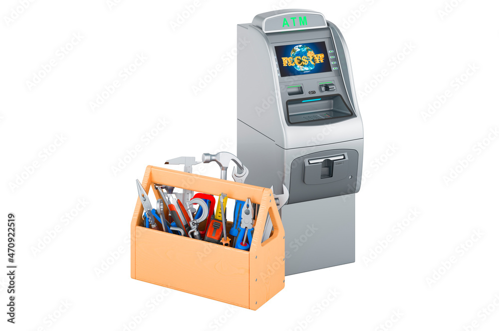 Cash machine with toolbox. Service and repair of ATM machines, 3D rendering Cash machine with toolbox. Service and repair of ATM machines, 3D rendering