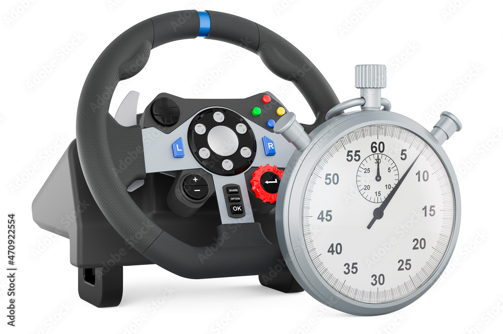 Gaming steering wheel with stopwatch, 3D rendering Gaming steering wheel with stopwatch, 3D rendering