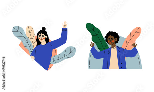 Young Woman Peeking Out of Window with Flora Vector Set