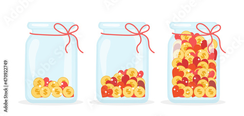Jar with money. Stages of process of filling piggy bank. Family budget, metaphor for rational person. Savings, coins. Financial literacy, protection of your funds. Cartoon flat vector illustration