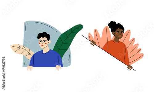 Young Man and Woman Peeking Out of Window with Flora Vector Set