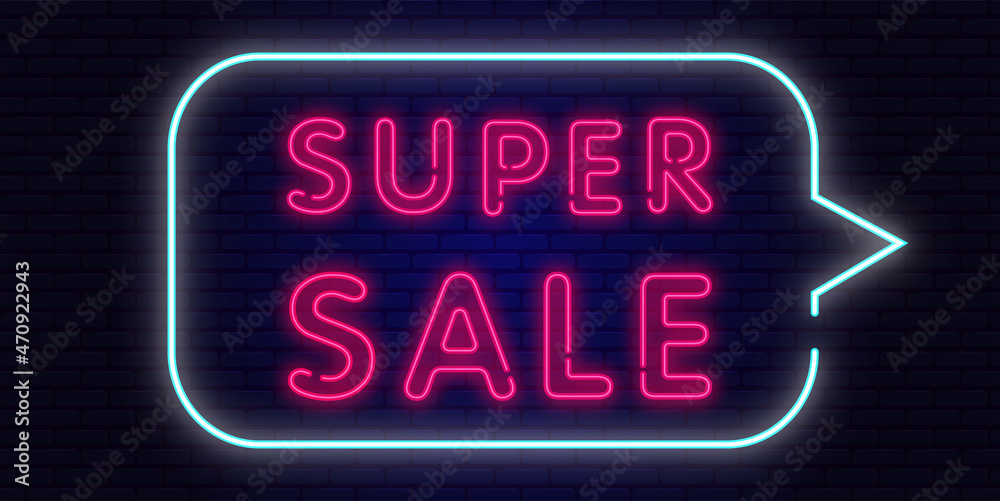 Super sale neon sign. Dark neon banner Super sale neon sign. Dark neon banner