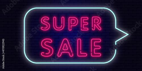Super sale neon sign. Dark neon banner
