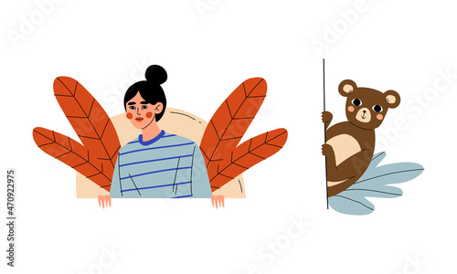 Young Woman and Bear Peeking Out of Window and Corner with Flora Vector Set