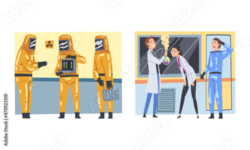 Man and Woman Scientist in Coat Working in Laboratory with Chemical in Flask Vector Set