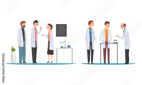 Man and Woman Scientist in Coat Working in Laboratory with Chemical in Flask Vector Set