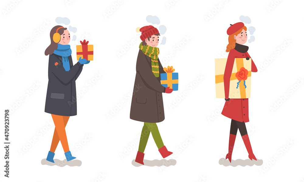 Winter Holiday with People Character Carrying Wrapped Gift Box Vector Set