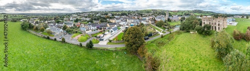 Aerial view of the Skyline of the historic town of Raphoe and the castle remains in County Donegal - Ireland - All brands and logos removed