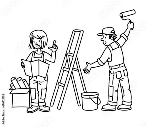 Apartment renovation. Cartoon with man and woman