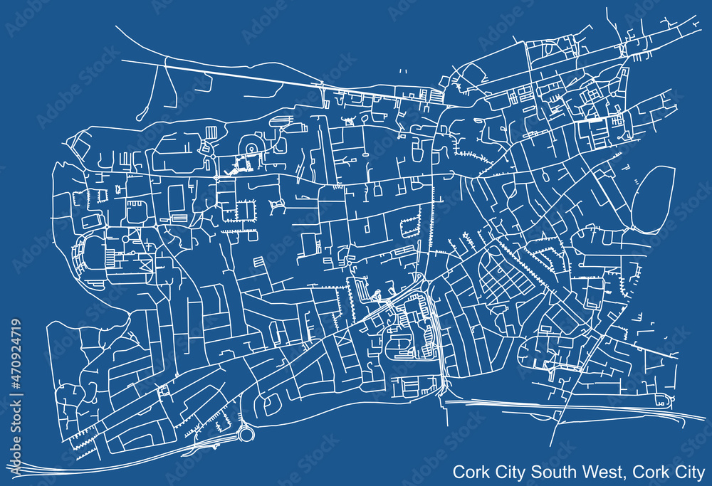 Detailed technical drawing navigation urban street roads map on blue background of the district Cork City South West Electoral Area of the Irish regional capital city of Cork City, Ireland