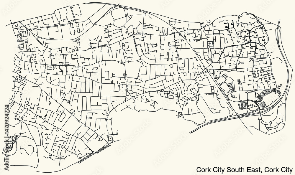 Detailed navigation urban street roads map on vintage beige background of the district Cork City South East Electoral Area of the Irish regional capital city of Cork City, Ireland