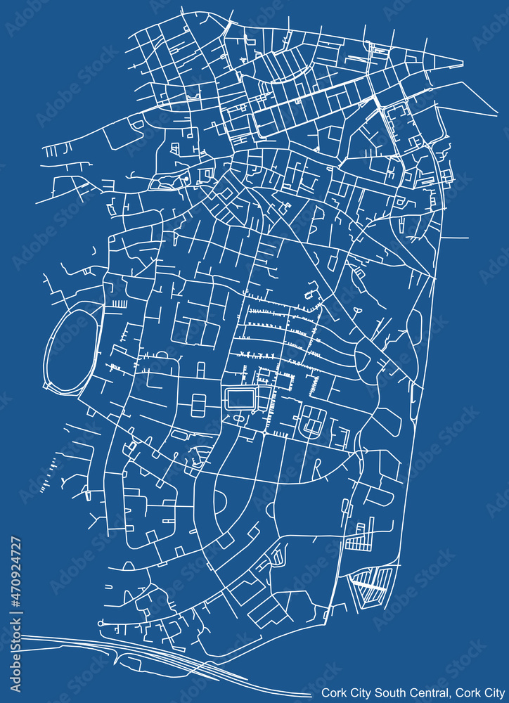 Detailed technical drawing navigation urban street roads map on blue background of the district Cork City South Central Electoral Area of the Irish regional capital city of Cork City, Ireland