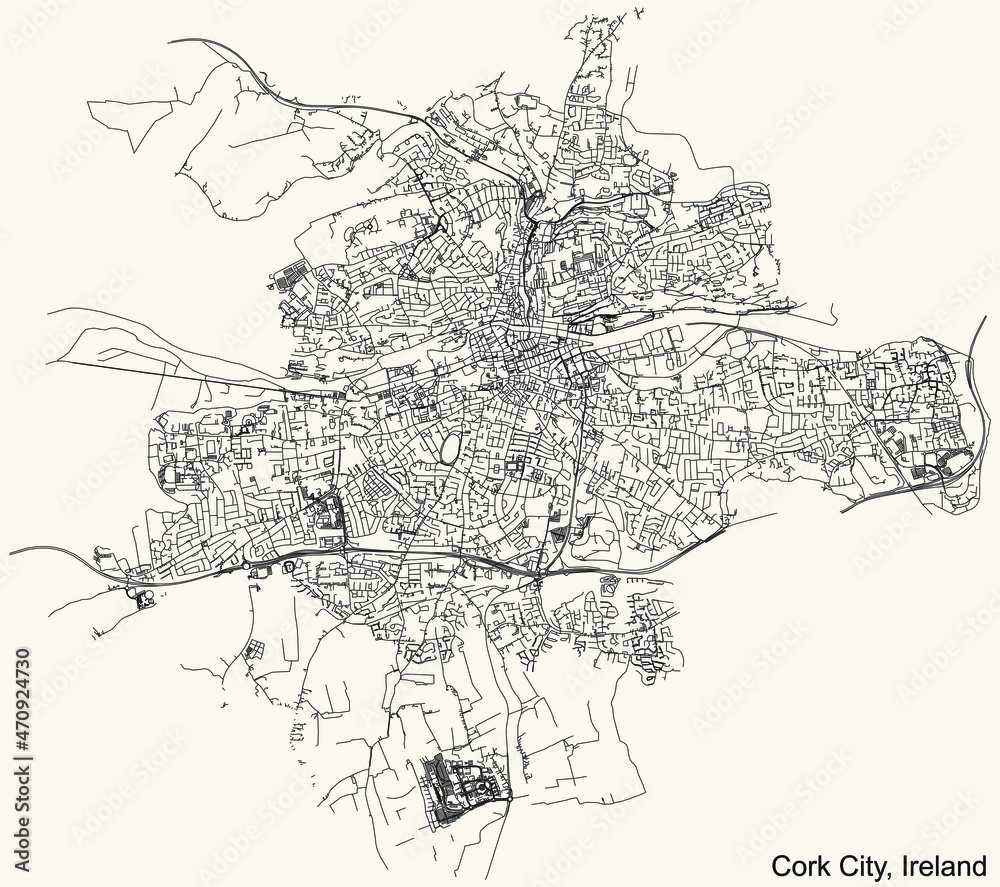 Detailed navigation urban street roads map on vintage beige background of the Irish regional capital city of Cork City, Ireland