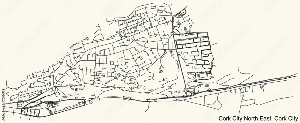 Detailed navigation urban street roads map on vintage beige background of the district Cork City North East Electoral Area of the Irish regional capital city of Cork City, Ireland