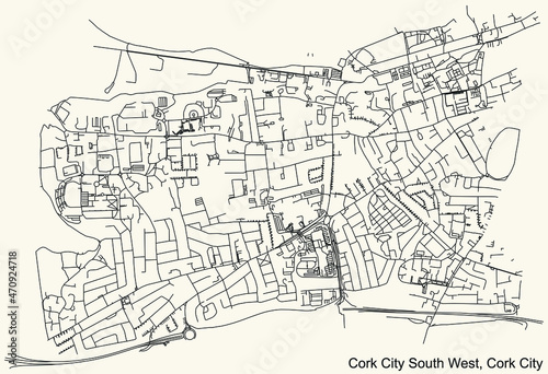 Detailed navigation urban street roads map on vintage beige background of the district Cork City South West Electoral Area of the Irish regional capital city of Cork City, Ireland