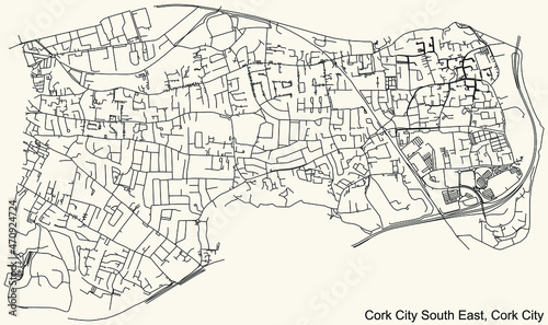 Detailed navigation urban street roads map on vintage beige background of the district Cork City South East Electoral Area of the Irish regional capital city of Cork City, Ireland