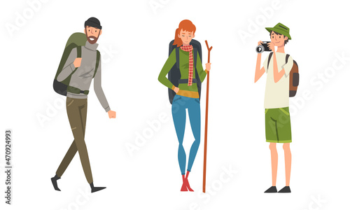 Young Man and Woman Traveler with Backpack and Stick Taking Photo with Camera and Hiking Vector Set
