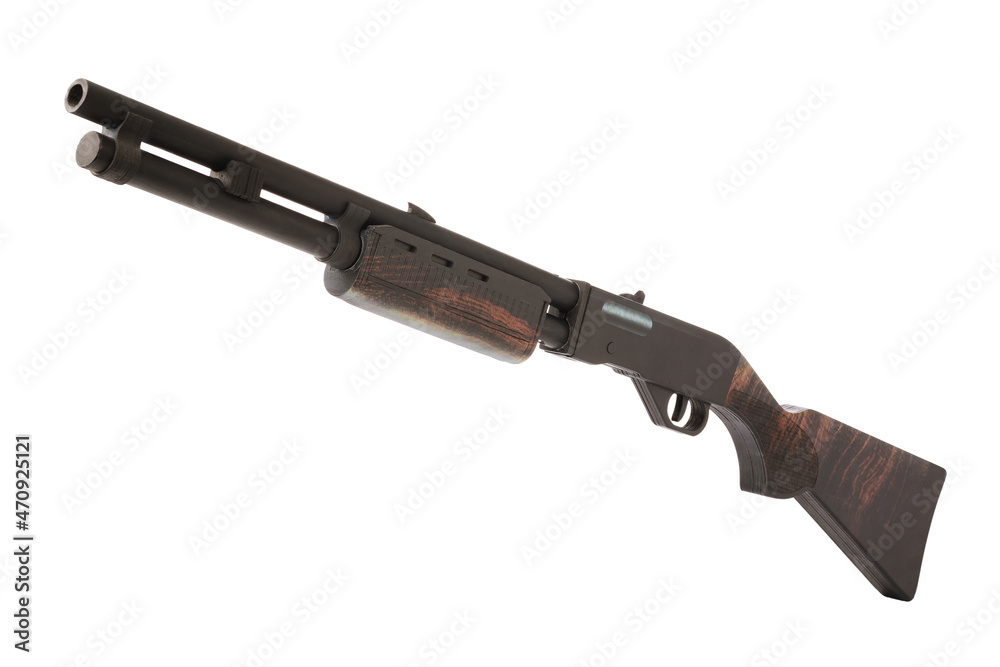 Wooden toy semi-automatic shotgun isolated on white background