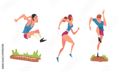 Man and Woman Athlete Doing Long Jump and Running Vector Set