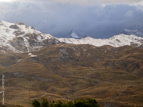 Panorama of Anayet peak in Spanich Aragon and Peak du Midi d'Ossau in French Bearn in Pyrenees mountains