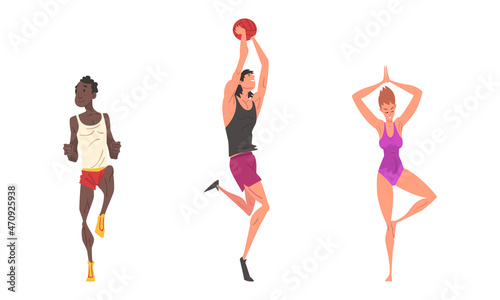 Man and Woman Athlete Playing Basketball and Standing in Yoga Pose Vector Set