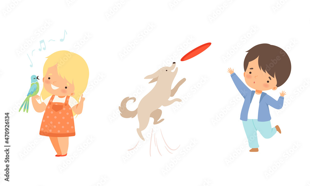 Little Boy and Girl Teaching Parrot Singing and Frisbee Playing with Dog Vector Set Little Boy and Girl Teaching Parrot Singing and Frisbee Playing with Dog Vector Set