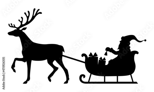 Santa Claus rides in a sleigh pulled by a reindeer