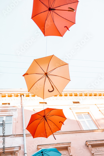 Colorfull umbrellas as festival decoration in city centre Lviv.