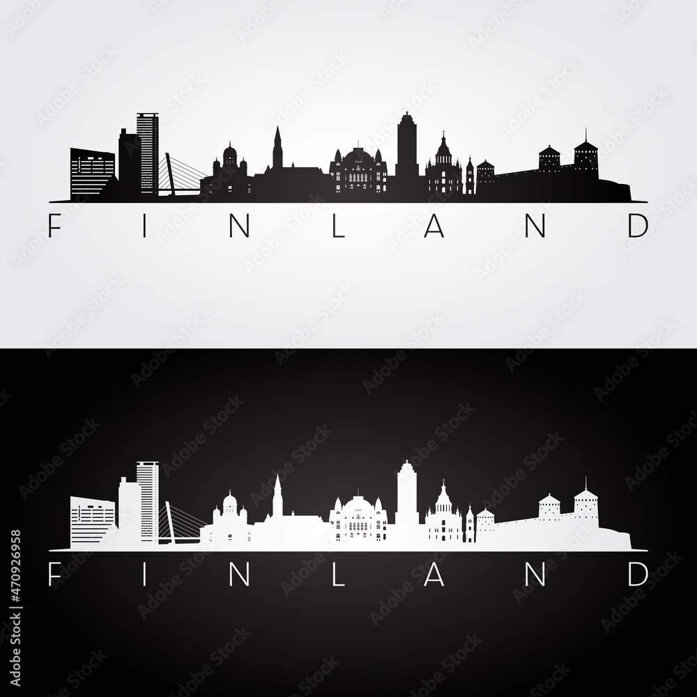 Finland skyline and landmarks silhouette, black and white design, vector illustration.