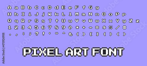 Vector pixel art 8 bit style abc alphabet capital uppercase, lowercase, numbers, special symbols letter character icon set, white with black outline