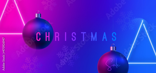 Christmas Sale neon banner. Bright signboard with realistic balls and LED lamps in form of Christmas tree. Xmas advertising banner.