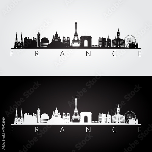 France skyline and landmarks silhouette, black and white design, vector illustration.